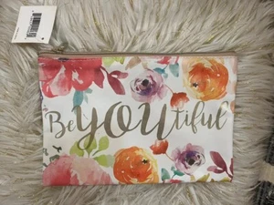 Macy's Be-YOU-tiful Watercolor Floral Gold Lettering Makeup Cosmetic Bag 9x6" - Picture 1 of 9