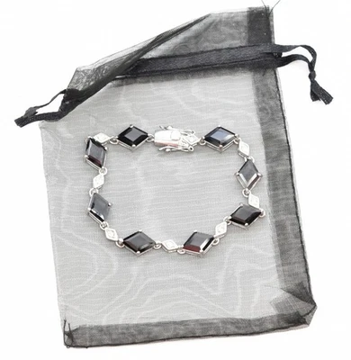 Brazalete Tenis 7" Plata-P Cristal Negro Diamante, Redondo Circonita Abierta Espalda Cesta Foto 1 de 4