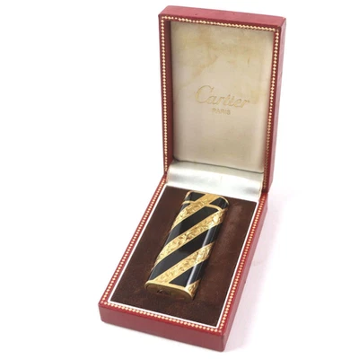 Royking Cartier Oval Gold Black Gas Lighter w/Box Ignition confirmed Excellent - Image 1 of 4
