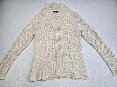 Jeanne Pierre женщин кабель вязаный свитер S 100% хлопок слоновой кости шаль воротник - Изображение 1 из 4
