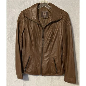 Giacca Anne Klein donna M burro pelle morbida marrone foderata tasche - Foto 1 di 6