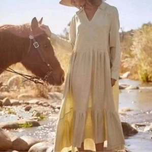 FREE PEOPLE Beach Moonlight Long Sleeve Cotton & Hemp Midi Dress Size Medium M - Picture 1 of 11