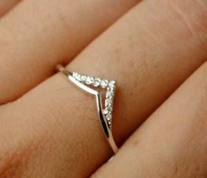Anillo doble Chevron oro 14k apilable banda de diamantes naturales anillo de boda anillo de novia. - Imagen 1 de 12