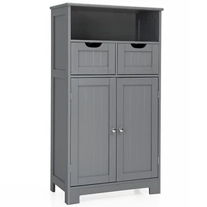 Costway Bathroom Floor Cabinet Wooden Storage Organizer w/Drawer Doors Grey - Picture 1 of 12