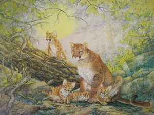 A.E. Ruffing Près De La Maison Cougar Montagne Lion & Louveteaux Art Print Signée Faune - Photo 1/1