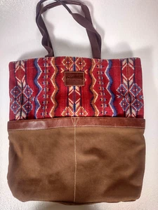 Vintage Pendleton Red Aztec Native Tote Carryall Shopper Bag Leather Trim Wool - Picture 1 of 14