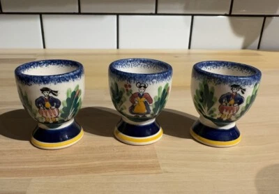 Set Of 3 Quimper Egg Cups France “La Baule” Ceramic Hand Painted Breton Bretagne - Image 1 of 4