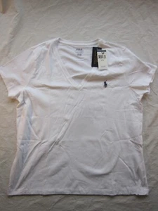 POLO RALPH LAUREN XL - TG Shirt Top V Neck White Cotton Navy Polo Pony NEW TAG - Picture 1 of 8