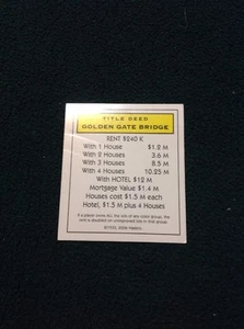 Monopoly Electronic Banking Replacement Property Title Deed - Golden Gate Bridge - Picture 1 of 2