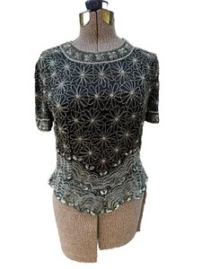 PAPELL BOUTIQUE EVENING BLACK SILK BEADED TOP  VINTAGE SIZE LARGE FLORAL DESIGN - Picture 1 of 12