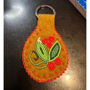Beaded Key Chain Fob Brown Felt Leaf & Berries Design Handmade Ethnic Pattern - Picture 1 of 3