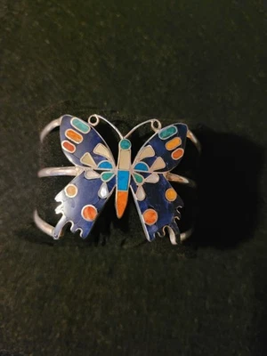 925 Silver Precious Stone Inlay w/ Lapis Lazuli, Mother Of Pearl Cuff- Unique - Image 1 of 4