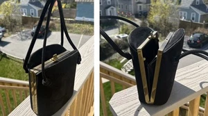 Vintage 1940s Black Velour Brass/Gold Bucket Clamshell Purse With Coin Purse - Picture 1 of 15