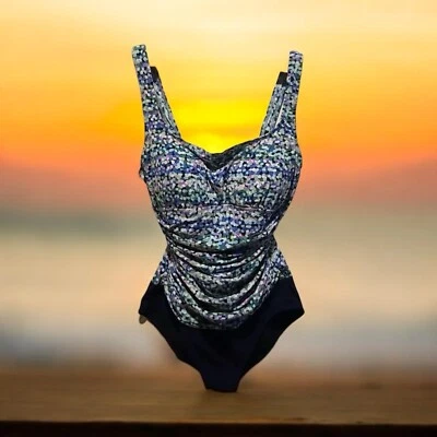 Traje de baño acanalado de una pieza con estampado de puntos azul marino y multicolor Profile By Gottex talla 12  Foto 1 de 4