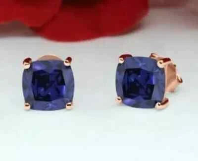 4Ct Cushion Cut Lab Created Blue Sapphire Stud Earrings 14K Rose Gold Plated - Image 1 of 4