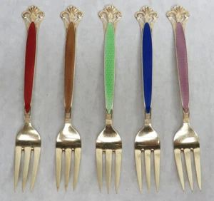(5) VINTAGE MARTHINSEN NORWAY STERLING SILVER GOLD WASHED 6" ENAMEL SPOONS - Picture 1 of 4