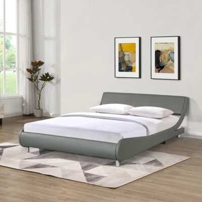 Queen Size Faux Leather Upholstered Platform Bed Frame Wood Slat Support Gray US - Image 1 of 4