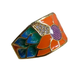 Anillo Floral Talla 7 Plata con Placa Esmalte Superposición Naranja Púrpura Azul y Dorado Color - Imagen 1 de 5