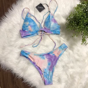 Zaful Women Swimsuits Size M Two Pieces Tie Dye String Bikini  Blue/ Purple Pink - Picture 1 of 10