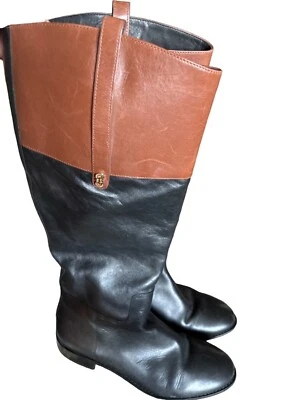 Botas de montar Cole Haan de cuero hasta la rodilla para mujer negras/marrones talla 7,5 usadas en excelente estado Foto 1 de 4