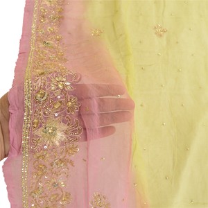 Sanskriti Vintage Dupatta Long Stole Pure Chiffon Silk Pink Hand Beaded Veil