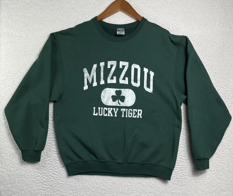 Vintage Y2K Missouri Tigers Sz L Lucky Shamrock Irish Pullover Mizzou Crewneck Cover