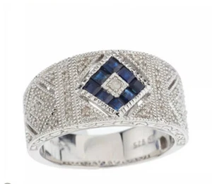 NEW:Affinity Diamond 1/7 ct tw & Gemstone Deco Style Ring,Sterling -Sapphire - 9 - Picture 1 of 9