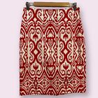 Jones New York Pencil Skirt Size 0 Red Ikat Print Cotton Stretch Summer Chic $80
