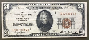 1929 $20  FRBN - FEDERAL RESERVE BANK NOTE [] MINNEAPOLIS [] SN# I 00258014 A - Picture 1 of 3