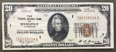 1929 $20  FRBN - FEDERAL RESERVE BANK NOTE [] MINNEAPOLIS [] SN# I 00258014 A - Image 1 of 3