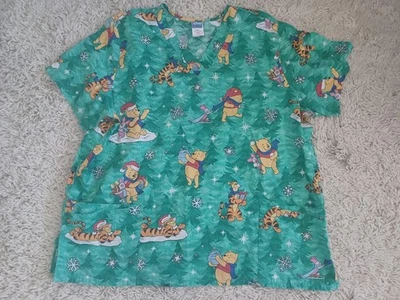 Disney Winnie the Pooh Christmas Scrub Top 2XL Green Holiday Winter Snowflakes - Image 1 of 4