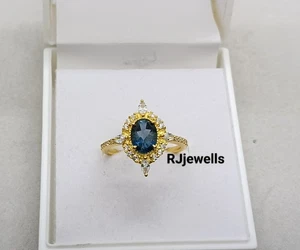 Anello donna topazio blu Londra naturale stile vittoriano placcato oro giallo - Foto 1 di 6