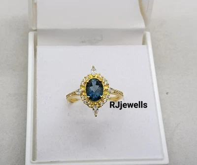 Yellow Gold Plated Victorian Style Natural London Blue Topaz Ring For Women's - Image 1 of 4