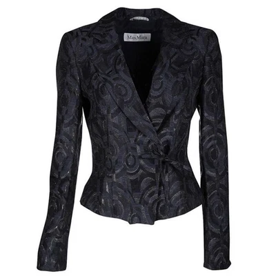 MaxMara Italy Blue Black Jacquard Wrap Blazer Jacket Tie Waist Women’s 12 44 IT - Image 1 of 4