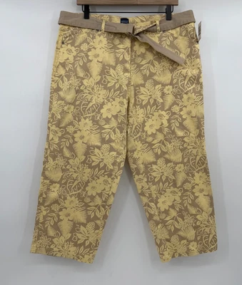 Basic Editions Pants Women 16W NEW Yellow Beige Floral Capri Belted Tropical - Image 1 of 4