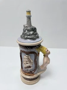 Vintage Ceramic Beer Stein 1978 Lighthouse Lid Mermaid Handle - Bild 1 von 5