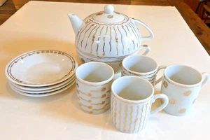 Pottery Barn NILE Demitasse Espresso Cups Saucers and Teapot Cup Set Gold Swirls - Picture 1 of 22