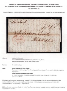 Liverpool England - Philadelphia PA Stempelloser Brief 1839 über NY - Bild 1 von 5