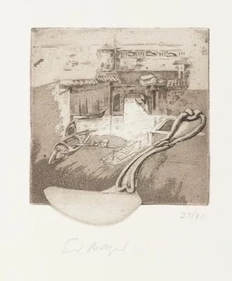 E. MAYER (*1932), Löffel vor Stadtmauer. Surreales Stillleben, Rad. Contemporary - Bild 1 von 4