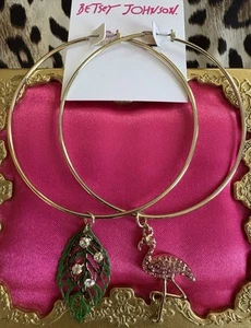 Betsey Johnson Tropical Punch HUGE Gold Hoop Charm Flamingo Palm Leaf Earrings - Picture 1 of 4