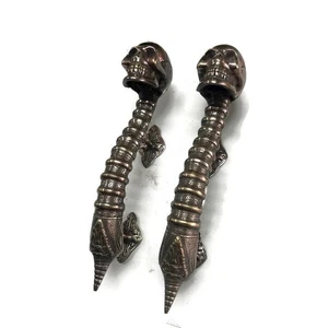 2 medium SKULL handle DOOR PULL spine solid brass old vintage aged GREEN 28cm - Picture 1 of 21