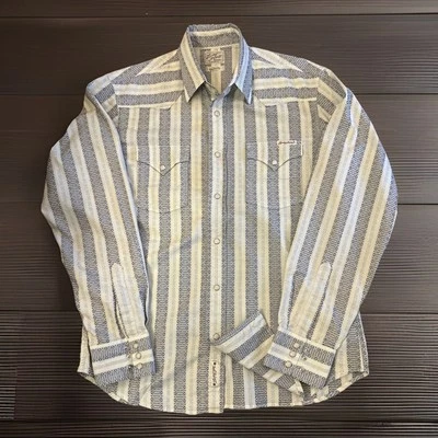 Lucky Brand Sportswear Men's M Pearl Snap Tan Blue Long Sleeve Shirt Western - Image 1 of 4