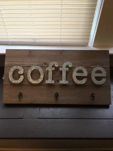 Plank Wood Coffee 3 Cup Holder Sign, Kitchen Hanging Cup Coffee Holder - Picture 1 of 2
