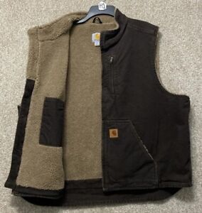 Carhartt V33 DKB Men's Brown Sherpa Lined Sandstone Zip Vest Workwear Size 2XL