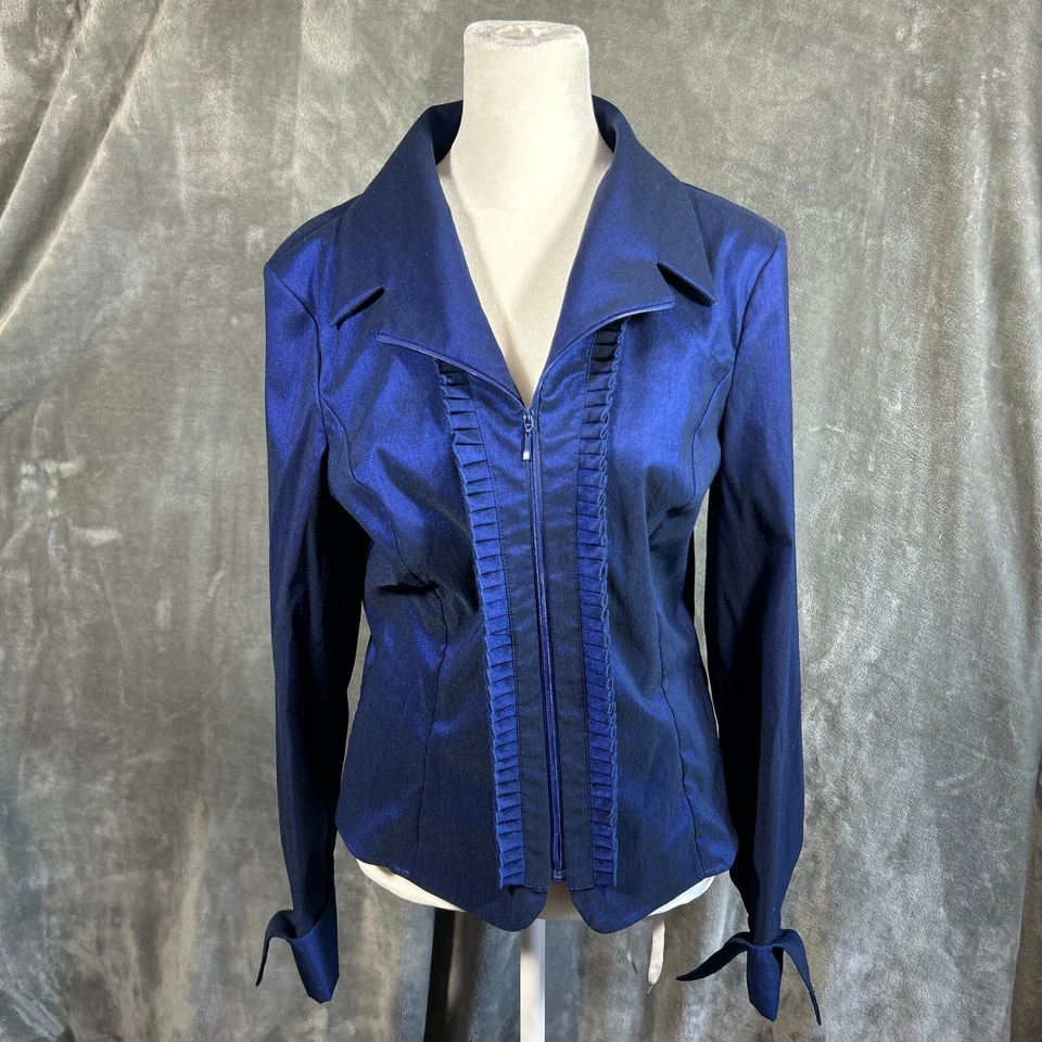 Chaqueta Samuel Dong Mujer S Azul Real Metálico Satinado Volantes Cuello Vacaciones Foto 1 de 4