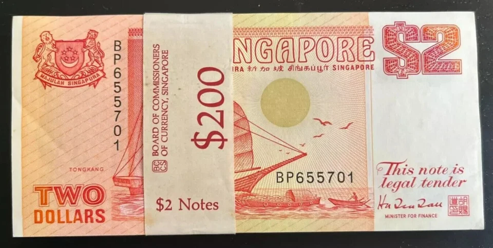 SINGAPORE 2 DOLLAR P-27 1990 X 100 LOT BUNDLE BOAT LION CHINGAY UNC MONEY NOTE - Image 1 of 4