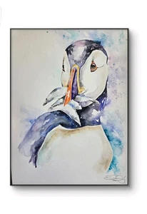 Pintura acuarela original firmada por Elle Smith Arte de un pájaro frailecillo, decoración - Imagen 1 de 8