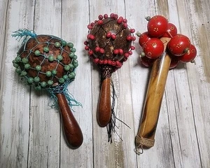 3 Lot, Native African Tribal Shakers Maracas Percussion Instrument Wooden Gourd - Picture 1 of 19