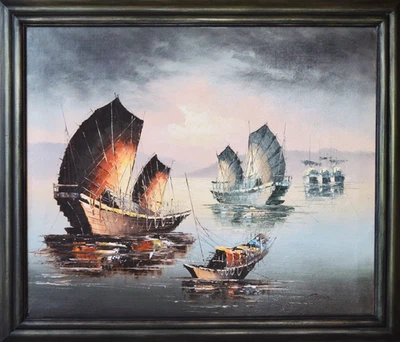 Vintage Original Oil Painting Marina Seascape with Boats Signed Chan - Image 1 of 4