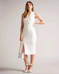 Abito midi Ted Baker London taglia US 0 Tilolah bianco a matita con colletto senza maniche - Foto 1 di 11
